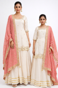 Silk Fabric Offwhite Colour Lengha with short Kurti Mother With daughter  customized dress