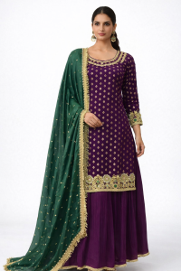 Banarsi silk fabric purple colour with contrast Dupaata plazo suit