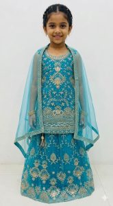 Net Fabric Firozi Colour Sippy Work Readymade Short Kurti With Lehenga