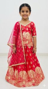 Banarasi Shimmer Fabric Red Colour Readymade Short Kurti With Lehenga