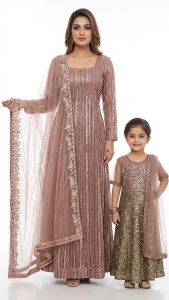 Fabric Net Copper Colour Mother and Daughter  Customize Outfit