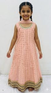 Georgette Fabric Peach Colour Mirror Work Readymade Long Frock