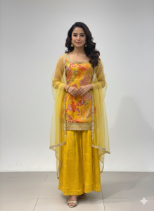 Sharara with kurti, yellow colour, chinnon fabric