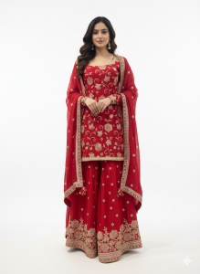 Readymade shrara with kurti
Red color, Chinon fabric