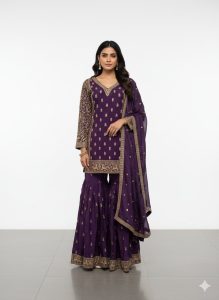 Sharara with short kurti, Chinnon fabric, Purple colour