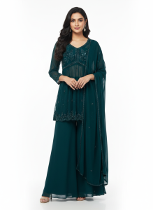 Plazo with puplum kurti, Green colour, Georgette fabric