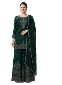 Plazo with short kurti, bottle green colour, Chinnon fabric