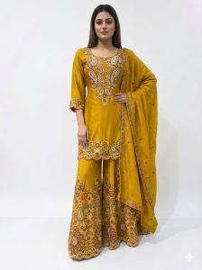 Sharara with kurti, Musturd colour, Chinon fabric