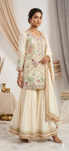 Readymade Sharara Suit, Off white colour, Chinon fabric