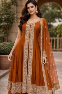 Anarkali frock with plazo, Brown colour, Chinnon fabric