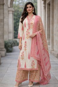 Readymade Plazo Suit Cotton fabric, Off white Colour