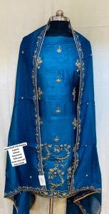 Unstitched suit, Dark peacock colour, Khadi silk fabric