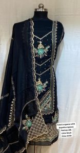 Unstitched designer suit, Black  Colour,Organza fabric