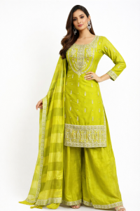 Readymade plazowith kurti, Parrot Colour,Chinnon fabric