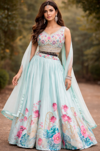 Designer Lehnga, Chinnon fabric, Sky blue Colour