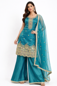 Readymade plazo with kurti, Peacock Colour, Shimmer fabric