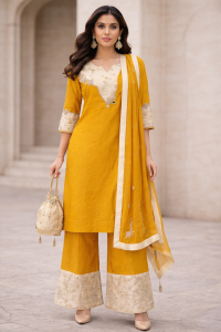 Customized suit with plazo, Yellow Colour, Shimmer fabric