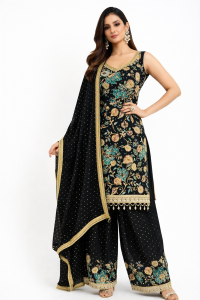 Readymade suit, Black Colour, Chinnon fabric