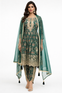 Readymade dhoti salwar with long puplum Chinnon fabric Green color