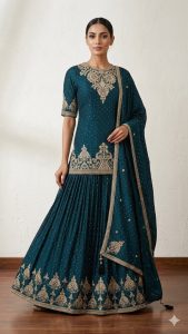 Designer Lehnga choli,Bottle green, Chinnon fabric