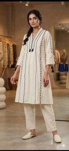 Designer A line kurti with trouser, Cream color,  otton fabric