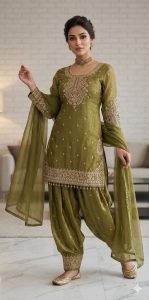 Salwar with short kurti, Mehndi colour, Shimmer organza fabric