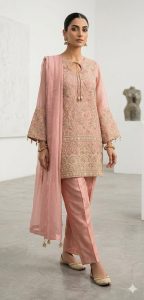 Trouser with short kurti, Peace colour, Shimmer fabric