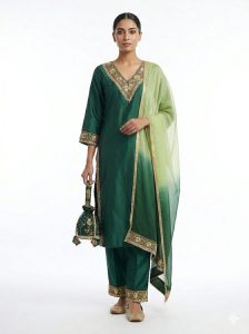 Customised Plazo suit, Bottle green colour, , Silk fabric