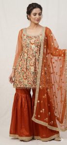 Sharara with puplum kurti, Rust colour,Georgette Fabric