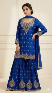 Readymade Sharara suit,Royal Blue, Silk fabric