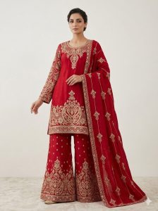 Readymade Plazo suit, Red Colour, Chinnon Fabric
