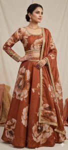 Floral Print Lehnga, Rust Colour,Chinnon fabric