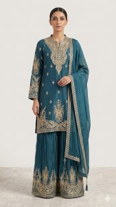 Readymade plazo suit, Firoji colour,Chinnon fabric