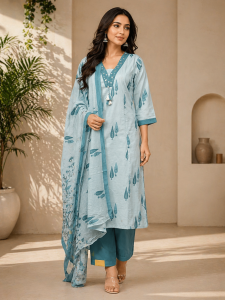 Readymade Cotten Pant Suit, Color Powder Blue, Fabric Soft Cotten, Work Printed.