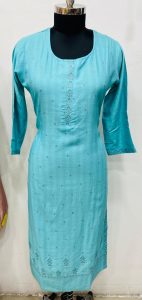 Readymade Long Kurta,Fabric Masleen,Thread Work,Color Sea Green