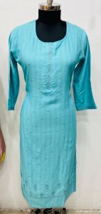 Readymade Long Kurta,Fabric Masleen,Thread Work,Color Sea Green