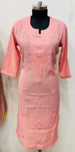 Readymade Kurta,Fabric Masleen Cotten,Color Peach,Thread Work