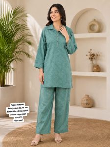Readymade Co ord Set,Fabric Masleen, Minimal Thread Work,Color Green