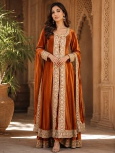 Readymade Anarkali, Fabric Khadi Silk,Color Rust, Handwork