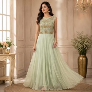 Readymade Long Gown,Fabric Net, Sippi Work,Color Sea Green