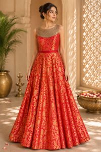 Long Gown,Fabric Bnarasi, Highlited Work,Color Red