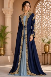 Readymade Long Gown With Shrug, Fabric Georgtte,Tilla Work,Color Blue