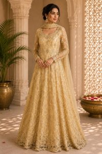 Readymade long Gown, Fabric Net,Thread Work Color Golden
