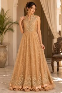 Readymade Long Gown,Fabric Net,Thread Tilla Work, Color Rose Gold