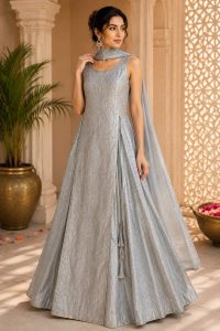 Readymade Long Gown,Fabric Chanderi Silk,Stone Work,Color Grey
