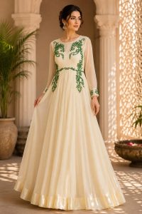 Readymade Long gown, Fabric Net, Thread Work,Color Light Cream
