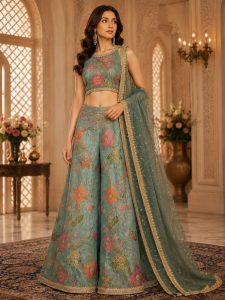 Indo Westen Dress With Dupatta,Fabric Chinon,Digital Print,Color Sea Green