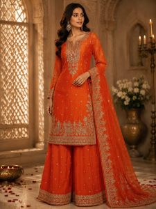 Readymade Plazo Suit,Fabric Chinon,Hand Work,Color Orange.