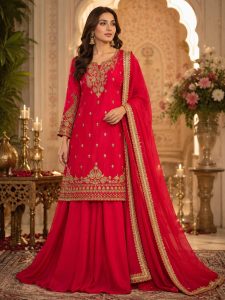 Readymade Plazo Suit,Fabric Chinon,Hand Work,Color Hot Pink