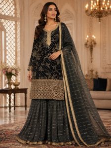 Readymade Plazo Suit,Fabric Bnarasi,Highlited Work,Color Black